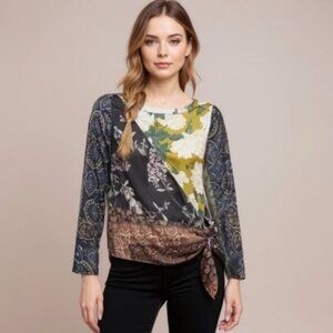 Anthropologie TINY Bohemian Mixed Media Floral Front Knot Blouse Satin Top